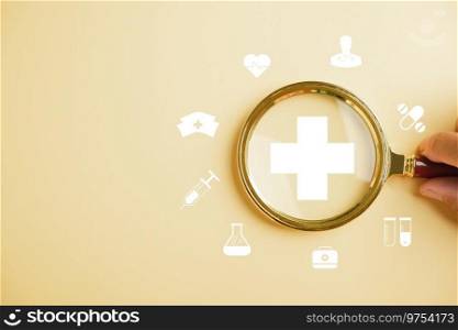 Health insurance in focus, Magnifying glass highlights plus symbol and healthcare icon. Showcases welfare health access, innovation, and quality care. health concept