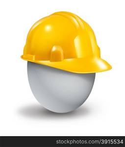 Health insurance protection symbol and managing risk and physical care concept with a yellow plastic hard hat protecting a fragile white egg from injury and accidents.