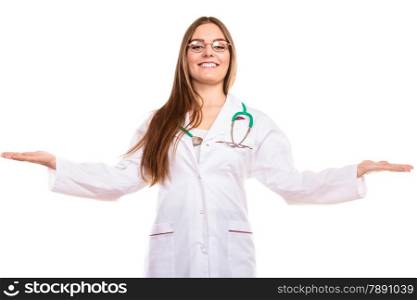 Health insurance. Woman in lab coat. Doctor with stethoscope holding open empty hands palms with copy space for text product.