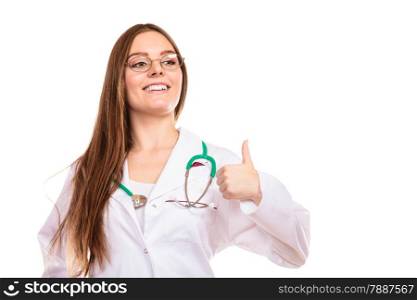 Health insurance. Woman in lab coat. Female smiling doctor with stethoscope making thumb up hand gesture isolated on white background