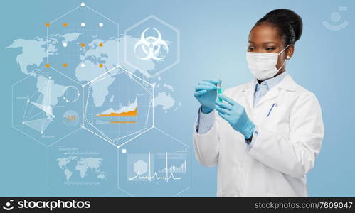 health, medicine and pandemic concept - african american female doctor wearing face protective medical mask with syringe over world map with charts and biohazard symbol on blue background. doctor in medical mask over world pandemia map