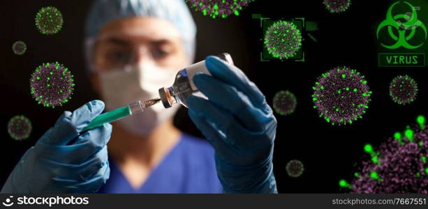 health, medicine and pandemic concept - female doctor or nurse wearing goggles, glove and face protective mask with syringe and drug in glass jar over coronavirus virions on black background. doctor in face mask with syringe and medicine