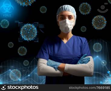 health, medicine and pandemic concept - female doctor or nurse wearing goggles, hat, gloves and face protective mask for protection from virus disease over coronavirus virions on black background. female doctor or nurse in goggles and face mask