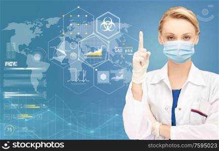 health, medicine and pandemic concept - female doctor wearing protective medical mask pointing her finger up over world map with charts and biohazard symbol on blue background. female doctor in medical mask pointing finger up