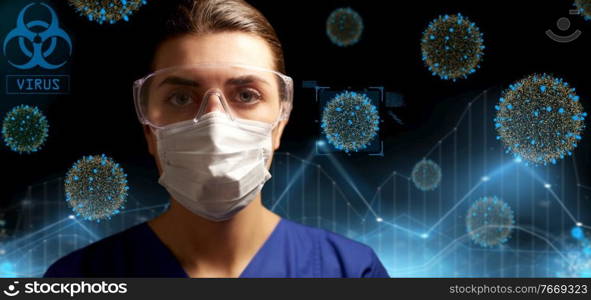 health, medicine and pandemic concept - young female doctor or nurse wearing goggles and face protective mask for protection from virus disease over coronavirus virions on black background. female doctor or nurse in goggles and face mask