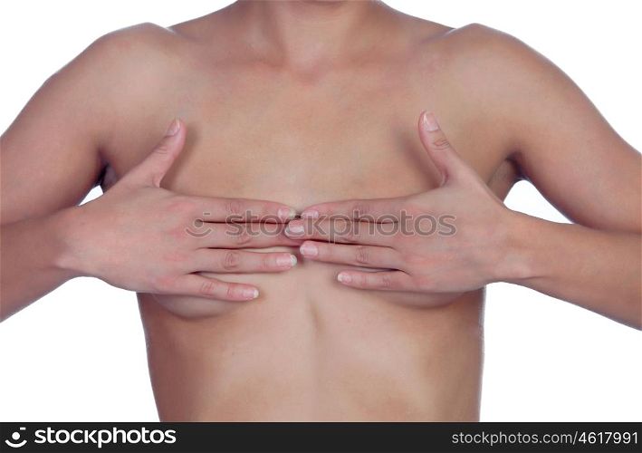 Health, medicine, beauty concept - naked woman covering her breast with the hands