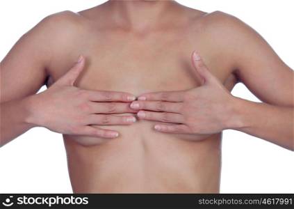 Health, medicine, beauty concept - naked woman covering her breast with the hands