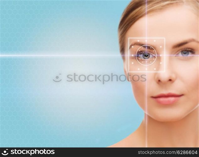 health, medicine, identity, vision and people concept - beautiful young woman with laser light lines on her eye over blue background