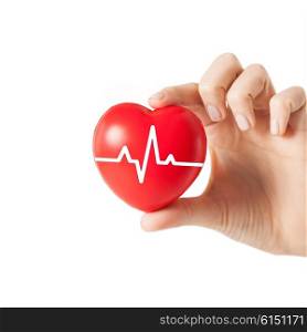 health, medicine, people and cardiology concept - close up of hand with cardiogram on small red heart