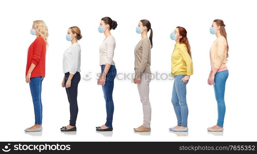 health, pandemic and people concept - group of women wearing face protective medical mask for protection from virus disease on white background. group of people in masks