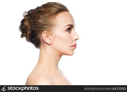 health, people, plastic surgery and beauty concept - beautiful young woman face over white background