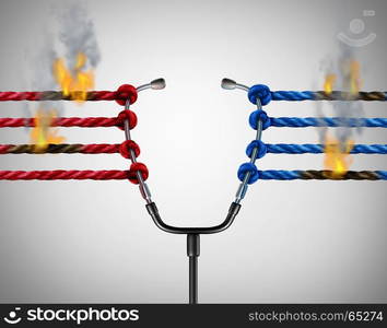 Health politics crisis and medical political legislation failure and medicine insurance reform challenges or universal healthcare system stress concept as a group of ropes on fire pulling on a doctor stethoscope with 3D illustration elements.