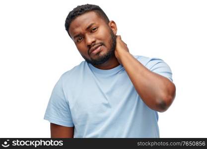 health problem and people concept - unhealthy african american man suffering from neck pain over white background. african american man suffering from neck pain