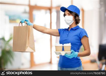 health protection, safety and pandemic concept - delivery woman in face mask and gloves with food in paper bag and drinks in disposable cups over office background. delivery girl in mask with food at office