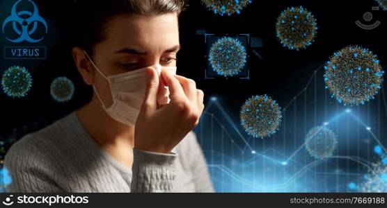 health protection, safety and pandemic concept - sick young woman adjusting protective medical face mask over coronavirus virions on black background. sick woman adjusting protective medical face mask