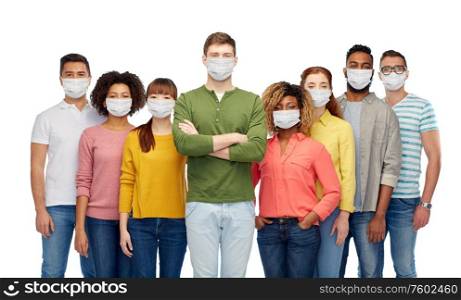 health, quarantine and pandemic concept - international group of people wearing protective medical masks for protection from virus. people in medical masks for protection from virus