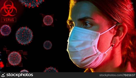 health, safety and pandemic concept - close up of young woman wearing protective medical mask over virus virions on black background. young woman wearing protective medical mask
