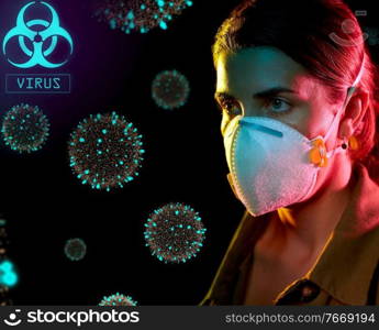 health, safety and pandemic concept - close up of young woman wearing protective mask or respirator over coronavirus virions on black background. woman in mask or respirator protecting from virus