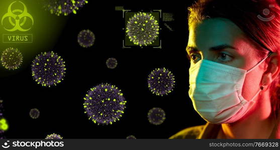 health, safety and pandemic concept - close up of young woman wearing protective medical mask over coronavirus virions on black background. woman wearing medical mask protecting from virus