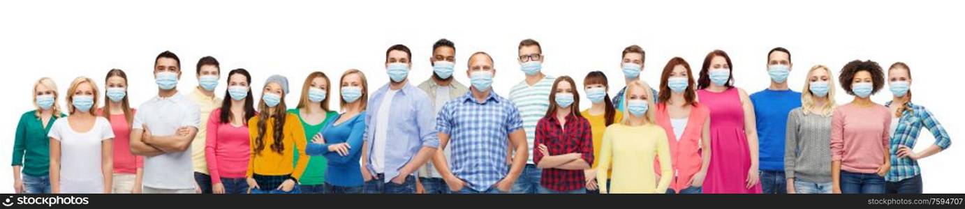 health, safety and pandemic concept - group of people wearing protective medical masks for protection from virus. people in medical masks for protection from virus