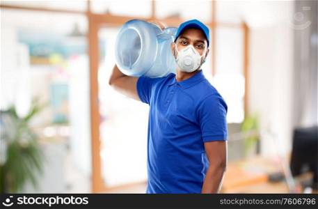 health, safety and pandemic concept - happy indian delivery man with water barrel wearing face protective mask or respirator for protection from virus disease over office background. delivery man with water barrel in respirator