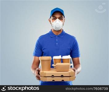 health, safety and pandemic concept - indian delivery man wearing face protective mask or respirator for protection from virus disease with food and drinks in blue uniform over grey background. delivery man in respirator mask with takeout food