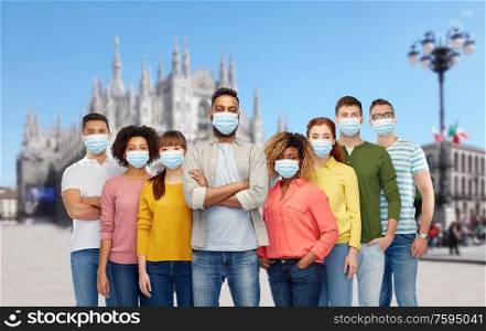 health, safety and pandemic concept - international group of people wearing protective medical mask for protection from virus disease over milan cathedral in italy background. people wearing protective medical mask in italy