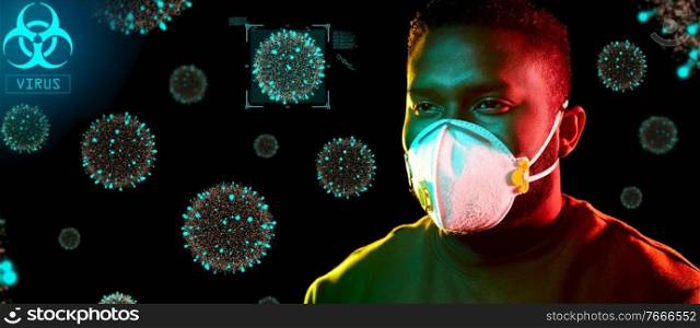 health, safety and pandemic concept - young african american man wearing protective mask or respirator over coronavirus virions on black background. african man in respirator protecting from virus