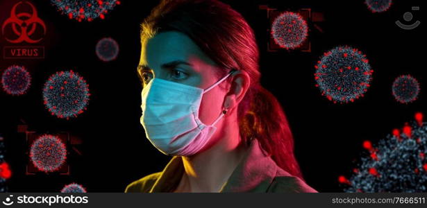 health, safety and pandemic concept - young woman wearing protective medical mask over coronavirus virions on black background. woman wearing medical mask protecting from virus