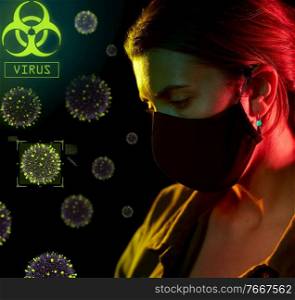 health, safety and pandemic concept - young woman wearing reusable protective mask over coronavirus virions on black background. woman wearing reusable mask protecting from virus