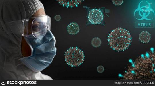 health safety, medicine and pandemic concept - close up of doctor or scientist in protective wear, mask and goggles for protection from virus disease over coronavirus virions on black background. doctor in protective wear, face mask and goggles