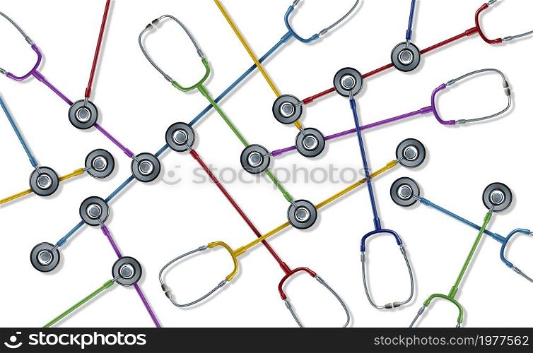 Health system network or telemedicine connected doctor services as a group of stethoscope hospital equipment linked together for global healthcare symbol as a 3D illustration render.
