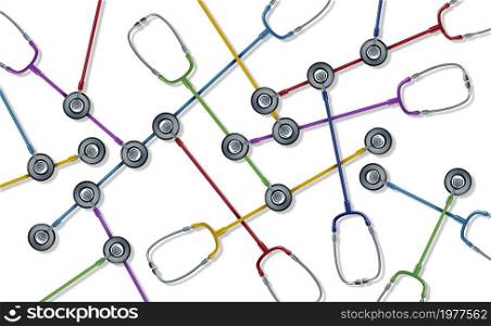 Health system network or telemedicine connected doctor services as a group of stethoscope hospital equipment linked together for global healthcare symbol as a 3D illustration render.