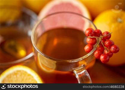 health, traditional medicine, folk remedy and ethnoscience concept - close up of tea cup with rowanberry