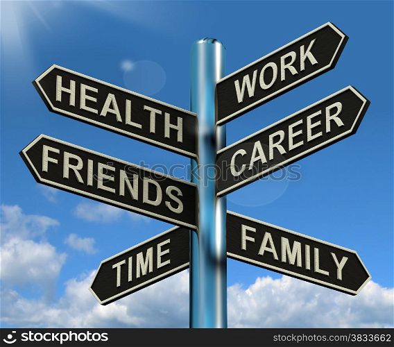 Health Work Career Friends Signpost Showing Life And Lifestyle Balance. Health Work Career Friends Signpost Shows Life And Lifestyle Balance