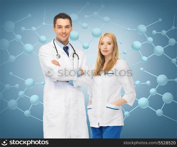 healthcar, research, science, chemistry and medical concept - picture of two young attractive doctors