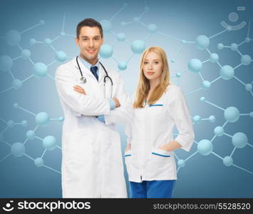 healthcar, research, science, chemistry and medical concept - picture of two young attractive doctors