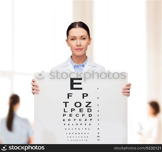 healthcare, advertisement and medicine concept - calm female doctor with eye chart