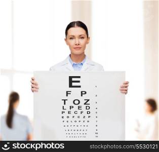 healthcare, advertisement and medicine concept - calm female doctor with eye chart