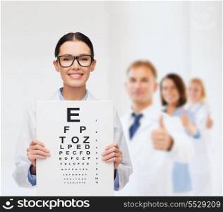 healthcare, advertisement and medicine concept - smiling female doctor in eyeglasses with eye chart