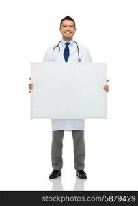 healthcare, advertisement, people and medicine concept - smiling male doctor in white coat holding white blank board