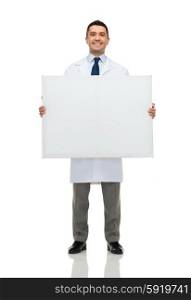 healthcare, advertisement, people and medicine concept - smiling male doctor or scientist in white coat holding white blank board
