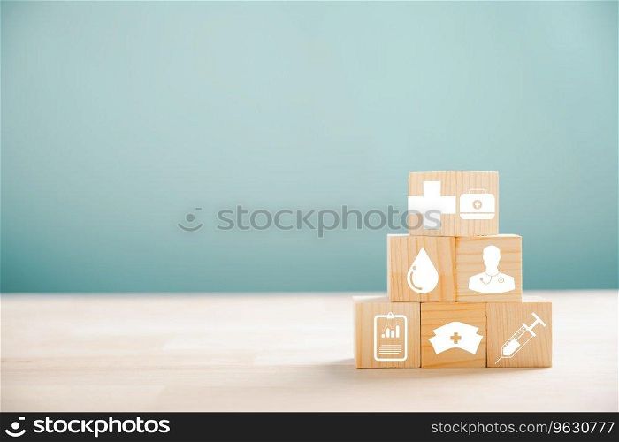 Healthcare and insurance illustrated by a pyramid of wooden cubes. Atop, a medical insurance icon on white background, leaving room for Health Insurance message.