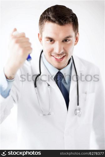 healthcare and medical concept - evil doctor holding syringe with injection