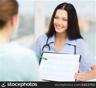 healthcare and medical concept - female doctor or nurse showing cardiogram to patient