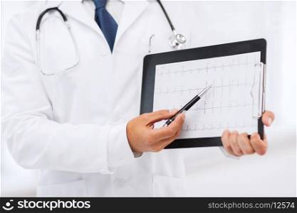 healthcare and medical concept - male doctor hands holding cardiogram