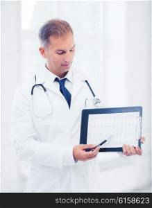 healthcare and medical concept - male doctor with stethoscope showing cardiogram. male doctor with stethoscope showing cardiogram