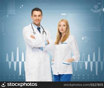 healthcare and medical concept - picture of two young attractive doctors
