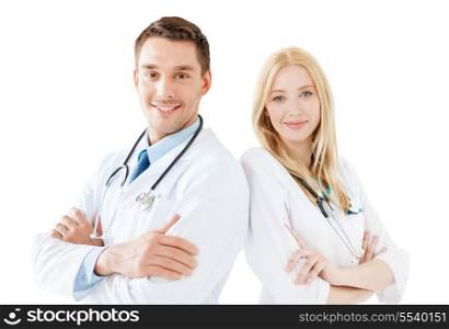 healthcare and medical concept - smiling young male doctor and female nurse with stethoscope in hospital
