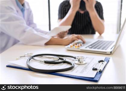 healthcare and medical ethics concept, doctor explains prescription to victim diagnosis giving a consultation and Patient listening intently in hospital
